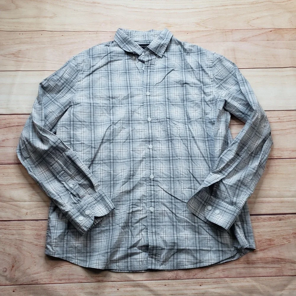 Banana Republic Shirt Mens Large Gray Plaid Long Sleeve Button Up Untucked Fit